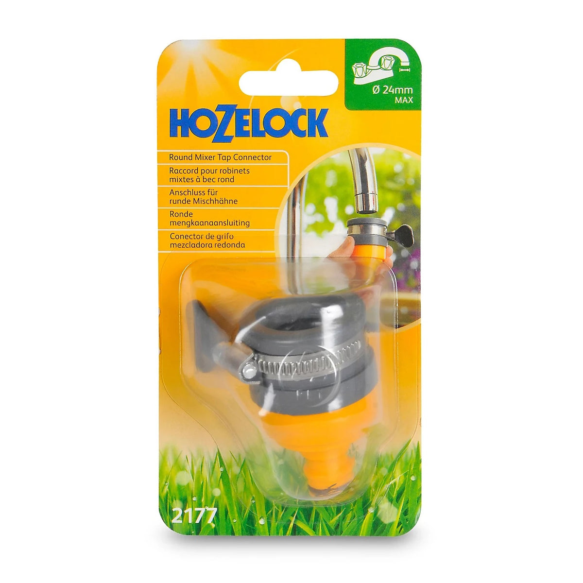 Hozelock Round Mixer Tap Connector Yellow and Grey 24mm 2177P9000 | Indoor Tap Adapter | Water Hose Tap Fitting | Supplied with Complete Fittings