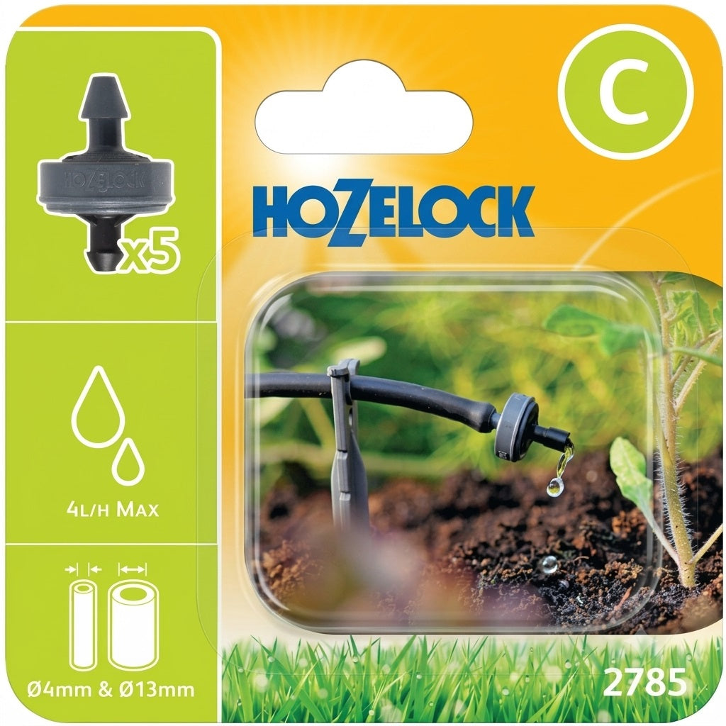 Hozelock End Line Pressure Compensating Dripper Black 4mm x 13mm Pack of 5 2785 | Self Regulating 4 Ltr Per Hour Micro Irrigation Emitter | Tough UV Stable Plastic Water Saver with In-Built Filter | Hanging Basket Greenhouse Growbag Drip System