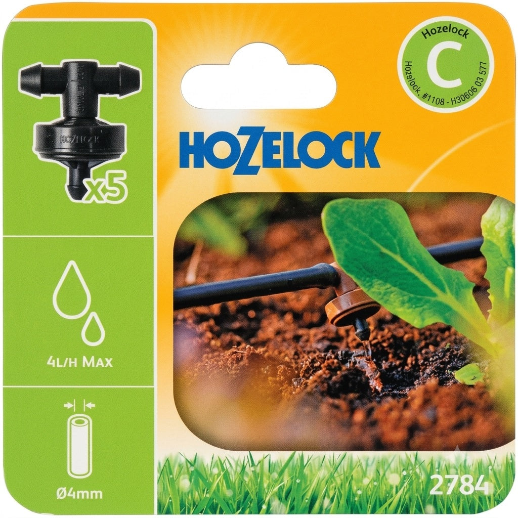 Hozelock In-Line Pressure Compensating Micro Dripper Brown 4mm Pack of 5 2784 | Self-Regulating 4 Ltr Per Hour Irrigation Emitter | Tough UV Stable Plastic Self-Cleaning Filter Nozzle | Sloped Area Long Run Plant Base Watering | Supplied with Complete
