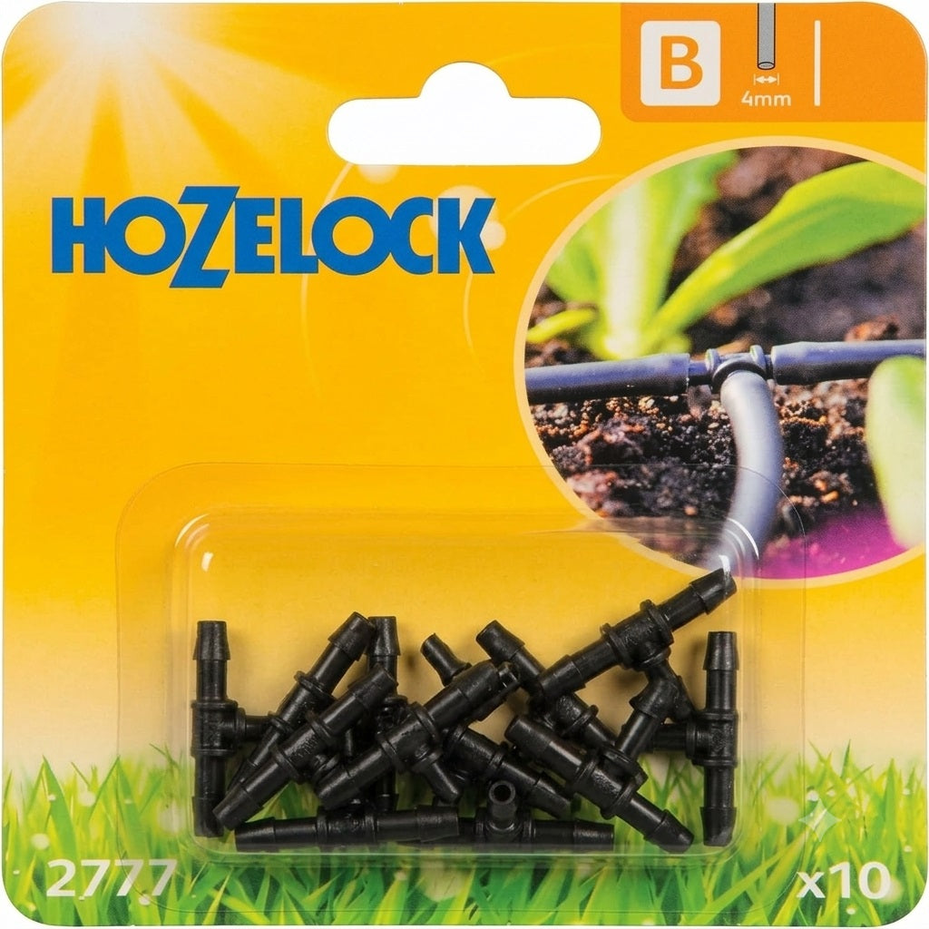 Hozelock T-Piece Connector Black 4mm Pack of 10 2777 | Push Fit 3-Way Splitting Joint | Tough UV Stable Plastic Branching Adapter | Automatic Garden Drip Hose Line Extension | Supplied with Complete Fittings