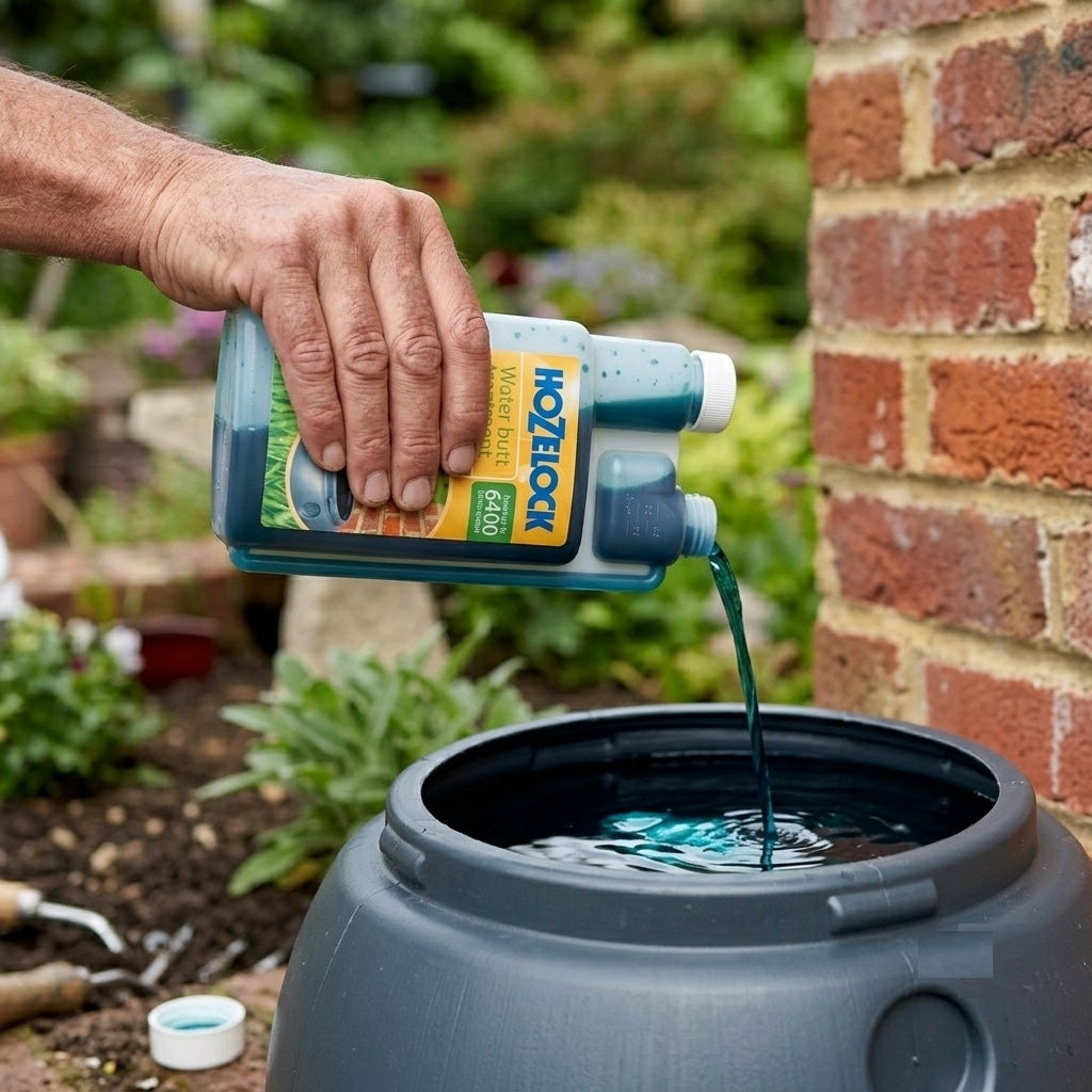 Hozelock Water Butt Treatment Liquid Blue 500ml 2026 | Prevents Green Water Slime and Algae | Treats upto 6400 Ltr of Water | Safe Non-Toxic Odour Eliminator Cleaner | Stored Rainwater Maintenance Solution | Supplied with Complete Fittings