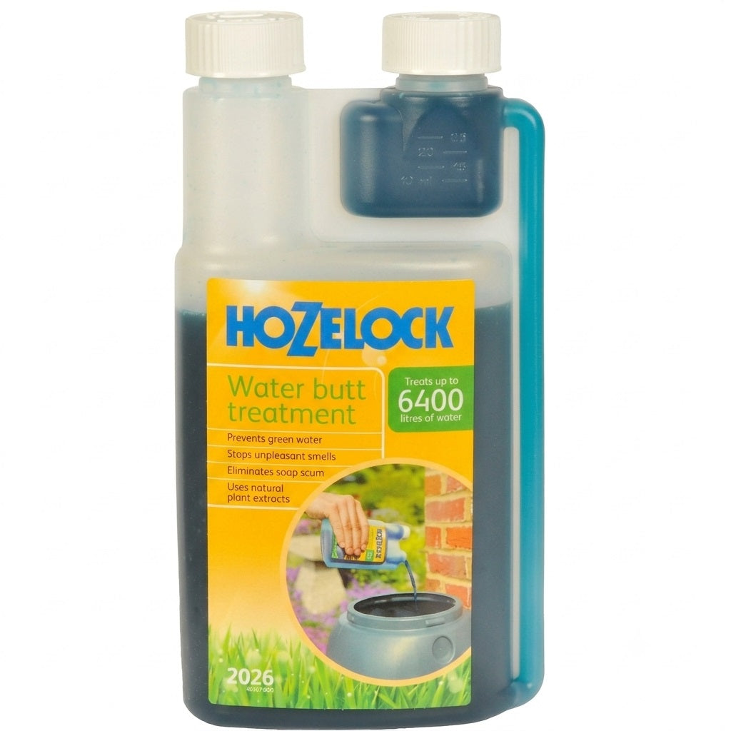 Hozelock Water Butt Treatment Liquid Blue 500ml 2026 | Prevents Green Water Slime and Algae | Treats upto 6400 Ltr of Water | Safe Non-Toxic Odour Eliminator Cleaner | Stored Rainwater Maintenance Solution | Supplied with Complete Fittings