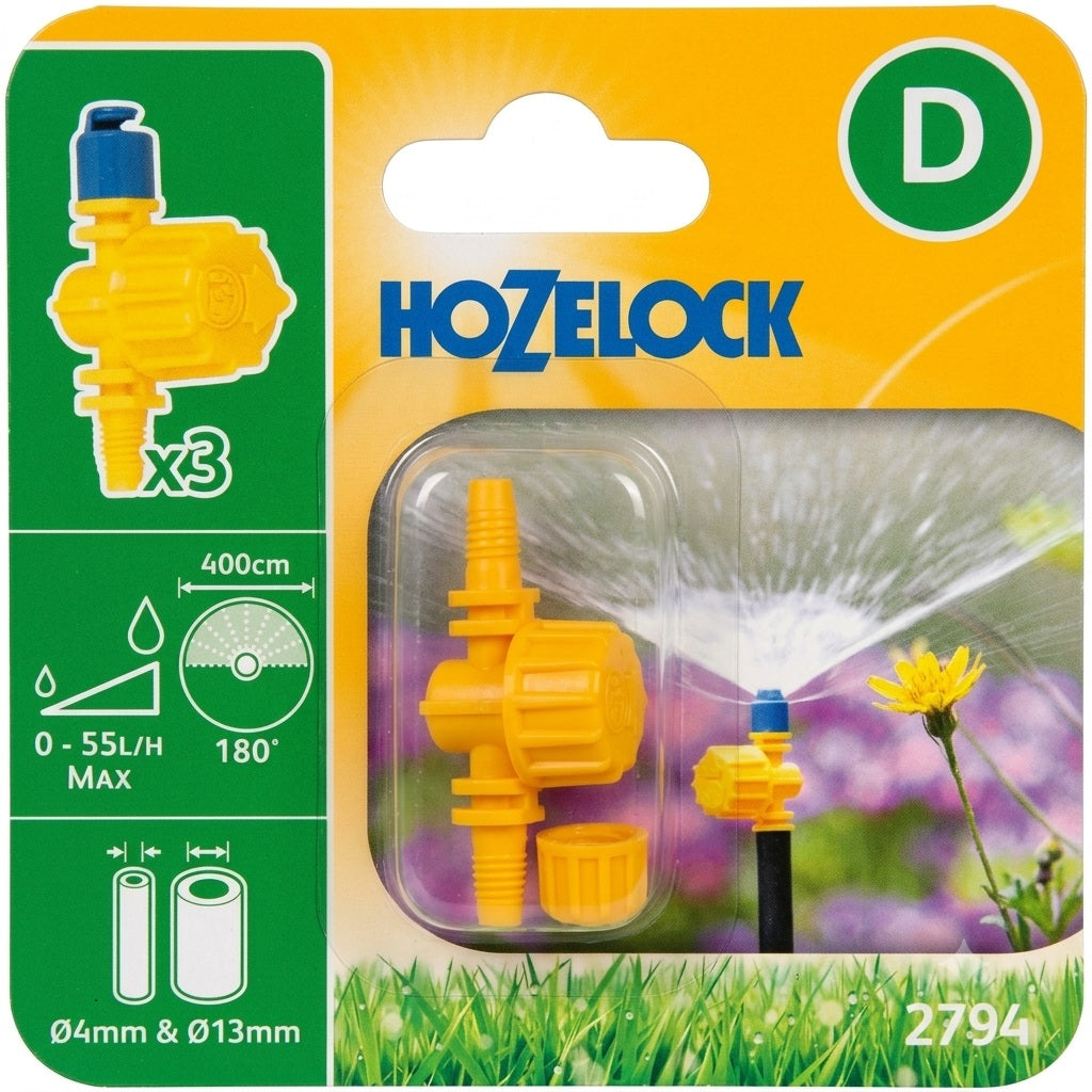 Hozelock 180 Degree Adjustable Micro Jet Yellow 4mm x 13mm Pack of 3 2794 | Half Circle Fine Water Spray Sprinkler | UV Stable Plastic Inline End of Line Emitter | Garden Border Greenhouse Flower Bed Irrigation | Supplied with Complete Fittings