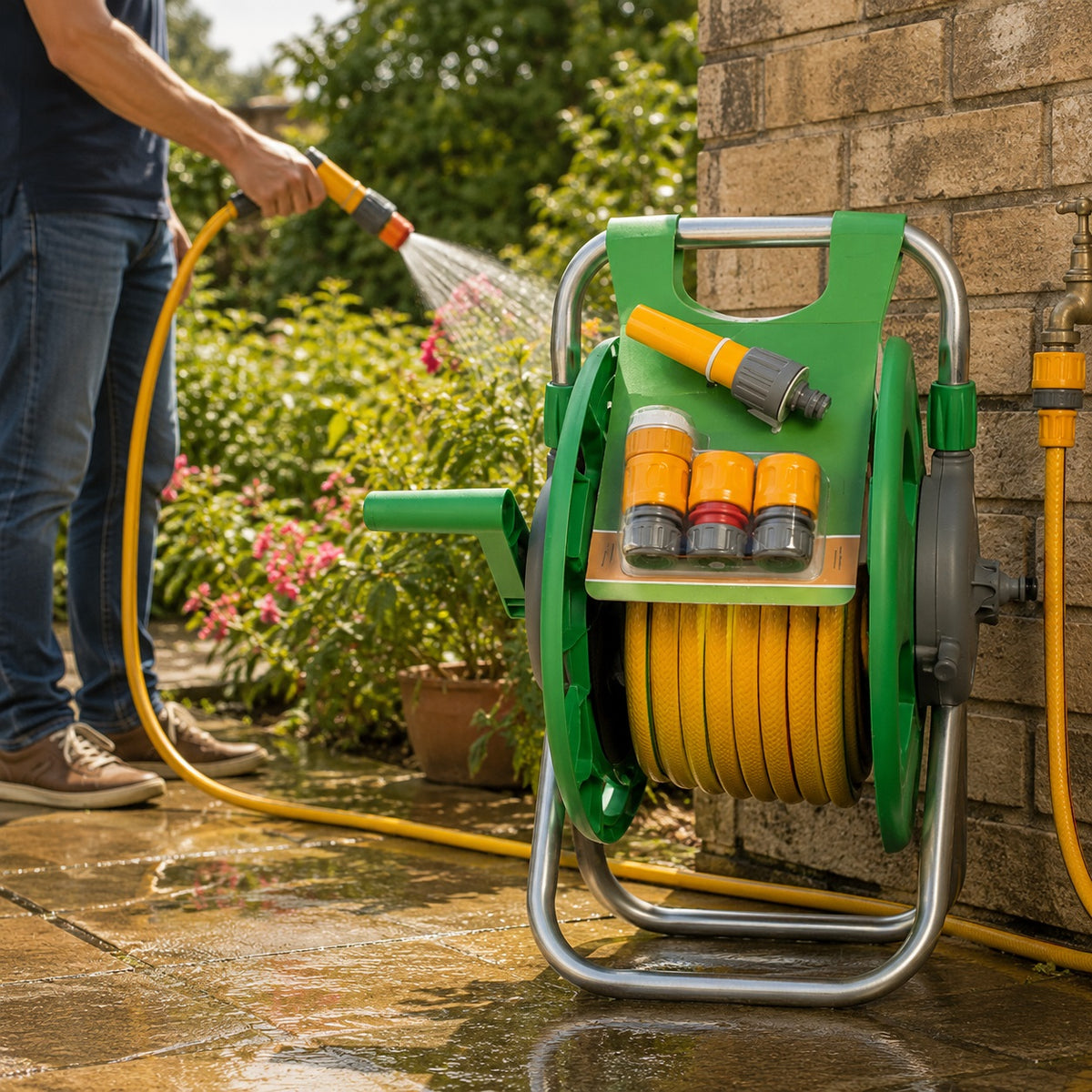 Hozelock Assembled Hose Reel With Hose and Fittings Grey and Yellow 25Mtr 2431R0006 | Supplied With Complete Fittings | 45Mtr Assembled | Garden Hose Reel | Hose Pipe Reel | Watering Accessories