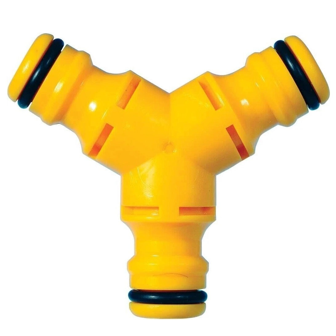 Hozelock Y Connector Yellow 2293P9000 | Garden Hose Y Split Connector | 2-Way Hose Pipe Connector | Water Hose Joiner | Supplied with Complete Fittings