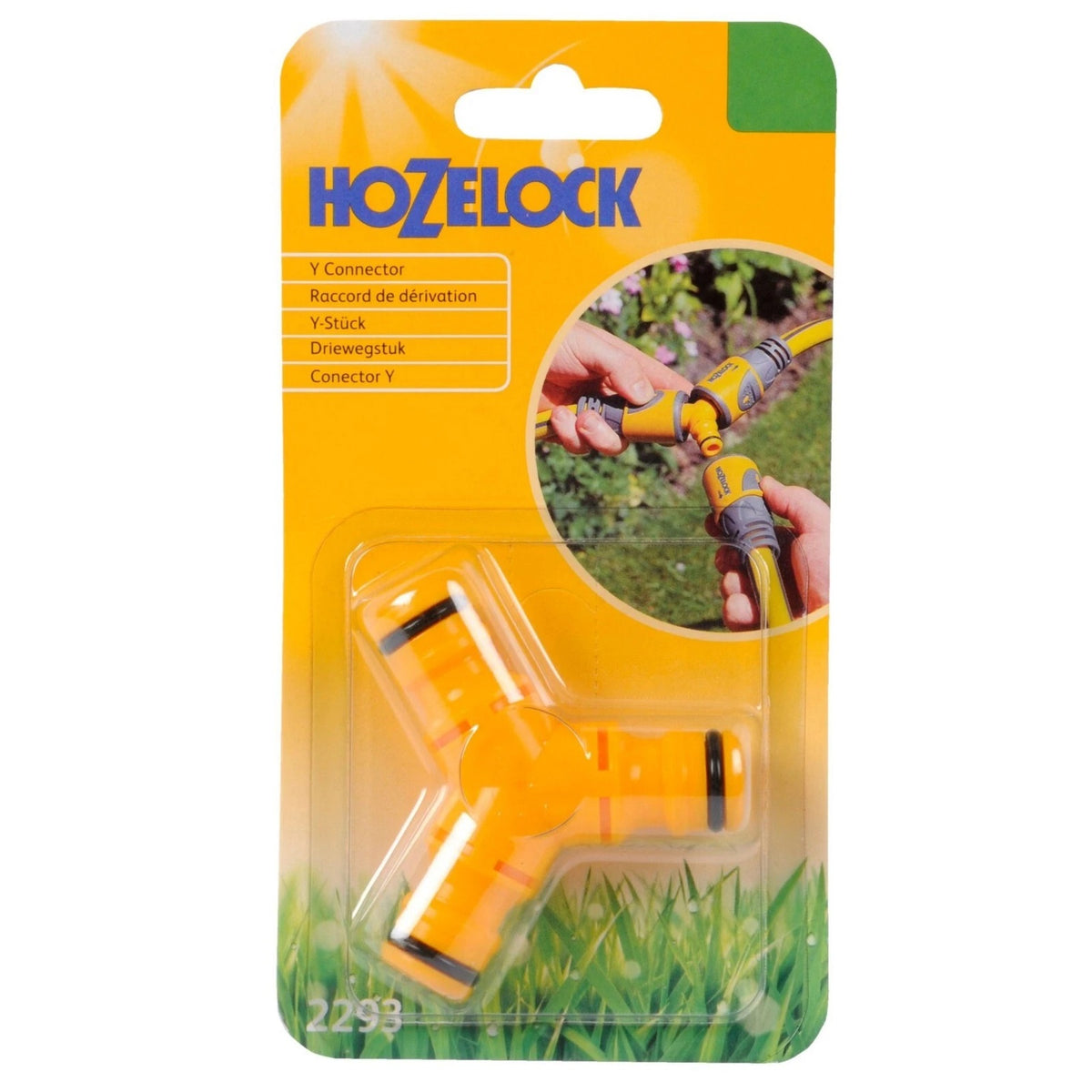 Hozelock Y Connector Yellow 2293P9000 | Garden Hose Y Split Connector | 2-Way Hose Pipe Connector | Water Hose Joiner | Supplied with Complete Fittings