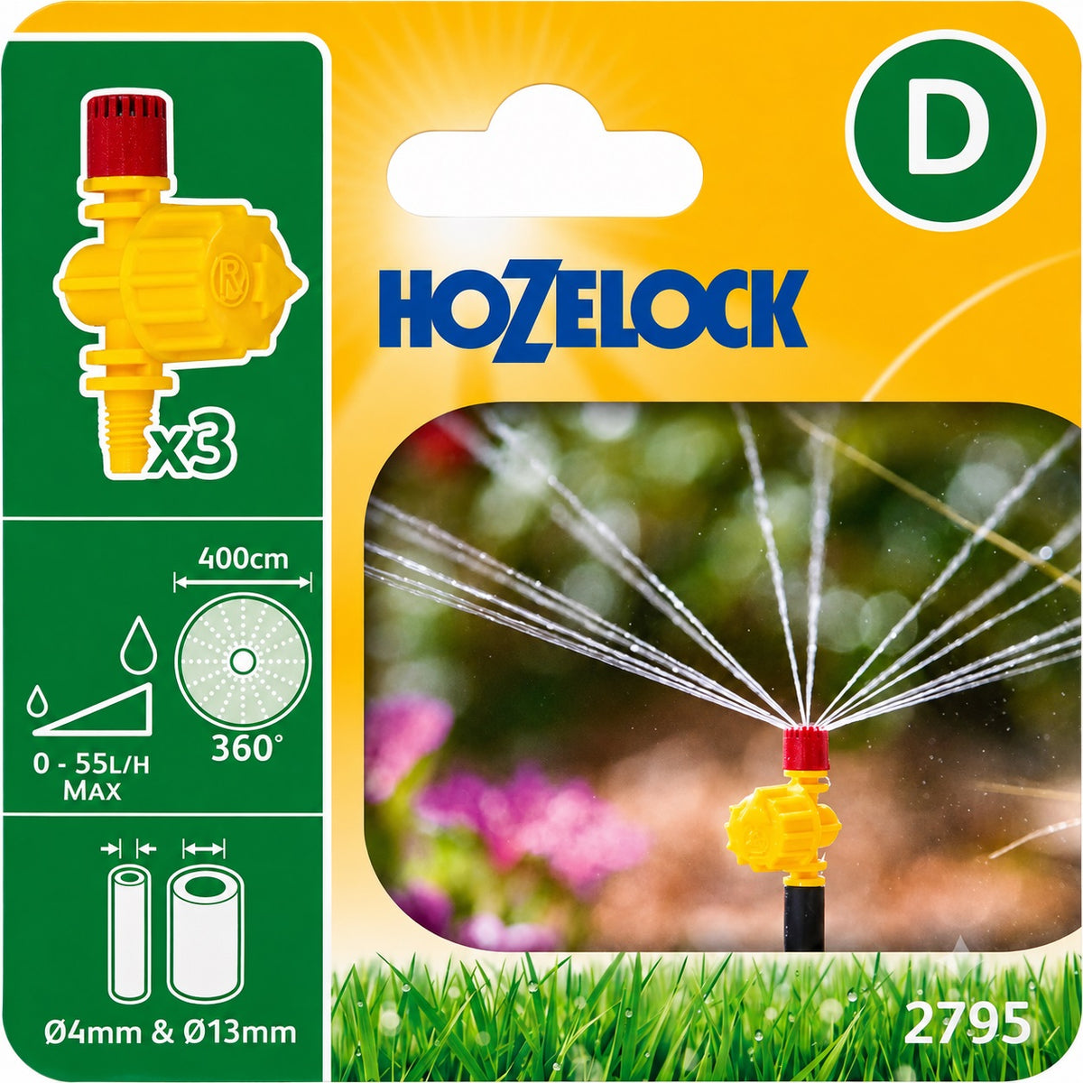 Hozelock 360 Degree Various Adjustable Micro Jet Yellow 4mm and 13mm Pack of 3 2795 | Whole Circle Fine Water Spray Sprinkler | UV Stable Plastic Inline End of Line Emitter | Garden Border Greenhouse Flower Bed Irrigation | Supplied with Complete Fittings