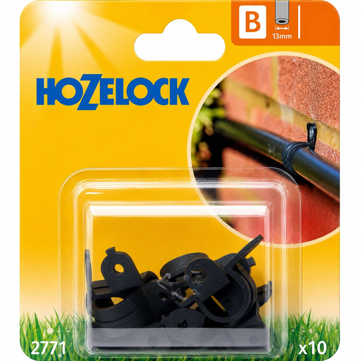 Hozelock Automatic Irrigation Supply Hose Wall Clips Black 13mm Pack of 10 2771 | Heavy Duty UV Stable Plastic Pipe Fasteners | Masonry Brick Fence Surface Conduit Mounts | Micro Drip Dosing Mainline Saddle Clamp | Supplied with Complete Fittings