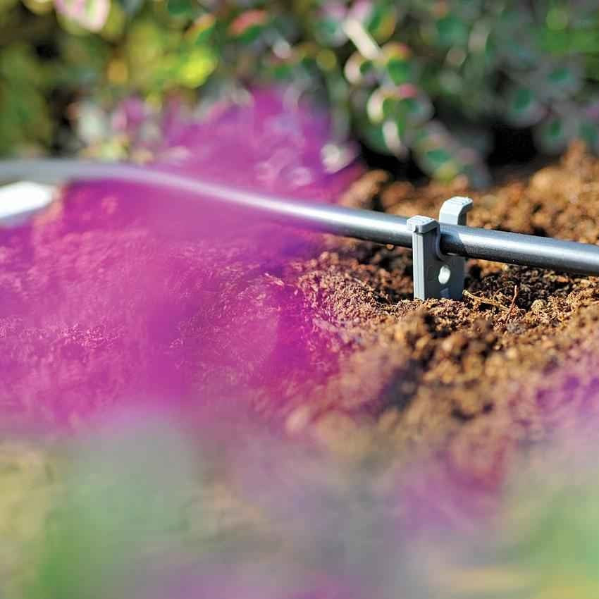 Hozelock Automatic Watering Micro Tube Hose Stakes Grey 4mm Pack of 10 2781 | UV Stable Plastic Drip Line Ground Pegs | Flower Bed and Border Irrigation Pipe Anchor Spikes | Garden Pot Plant Tidy Support Fasteners | Supplied with Complete Fittings