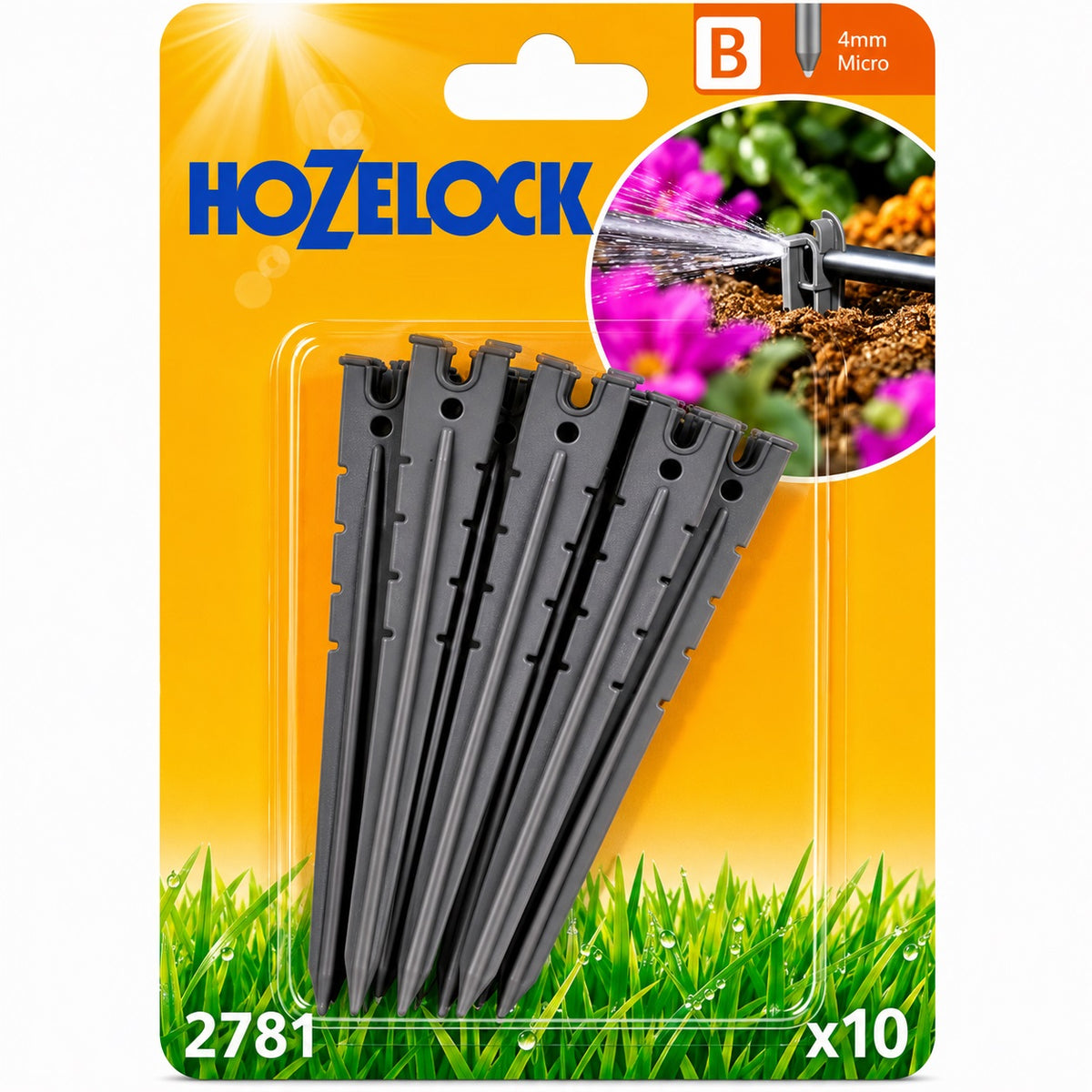 Hozelock Automatic Watering Micro Tube Hose Stakes Grey 4mm Pack of 10 2781 | UV Stable Plastic Drip Line Ground Pegs | Flower Bed and Border Irrigation Pipe Anchor Spikes | Garden Pot Plant Tidy Support Fasteners | Supplied with Complete Fittings