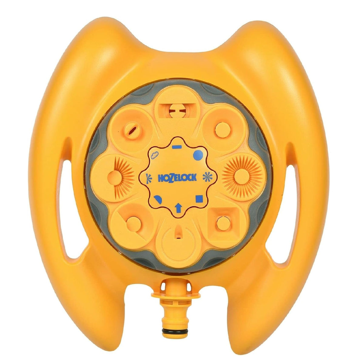 Hozelock 8 Spray Pattern Dial  Multi-Sprinkler Yellow 2515P0000 | 79 Mtr Square Max Coverage | Soft-Touch Easy-Grip Adjuster Ring | Stable Sled Base Lawn and Border Waterer | Fine Mist to Square Pattern Irrigation | Supplied with Complete Fittings