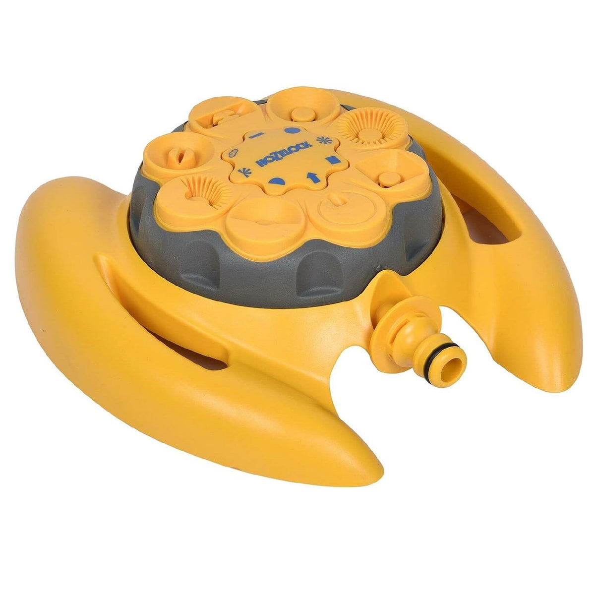 Hozelock 8 Spray Pattern Dial  Multi-Sprinkler Yellow 2515P0000 | 79 Mtr Square Max Coverage | Soft-Touch Easy-Grip Adjuster Ring | Stable Sled Base Lawn and Border Waterer | Fine Mist to Square Pattern Irrigation | Supplied with Complete Fittings