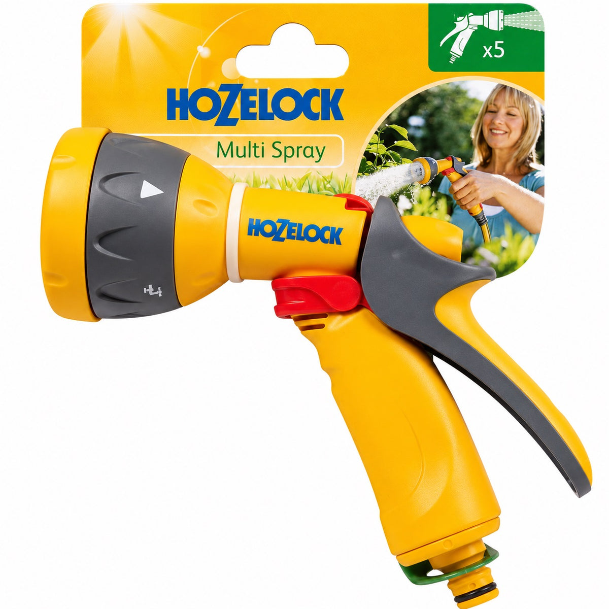 Hozelock Multi-Jet Garden Spray Gun Yellow Grey 2676P9018 | 5-Pattern Adjustable Hose Pipe Nozzle Sprayer | Lockable Flow Control Water Gun | Supplied with Complete Fittings