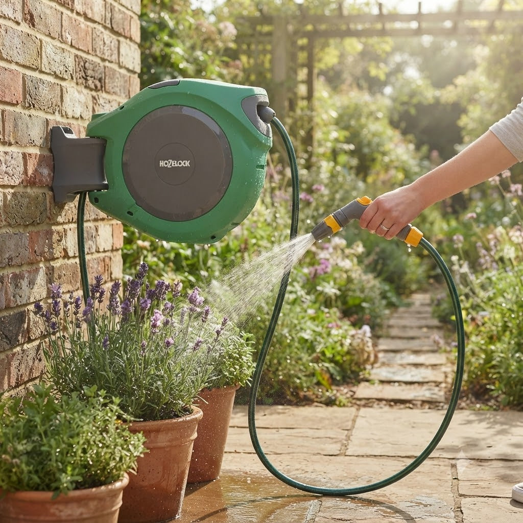 Hozelock Auto Reel Retract Wall Mounted Hose System Multicolour 40Mtr 2595R0000 | Supplied With Complete Fittings | Wall Mounted Garden Hose | Auto Rewind Hose Reel
