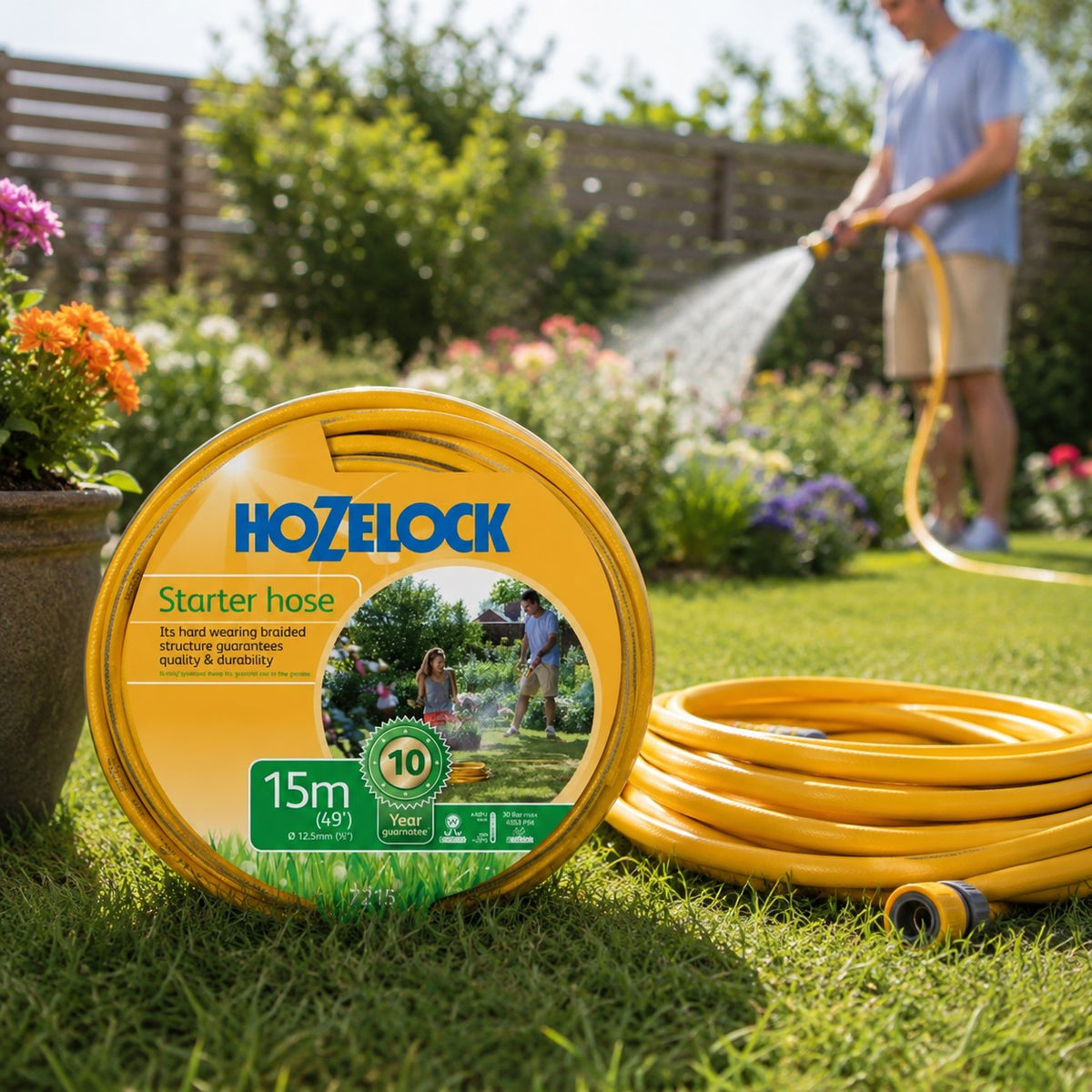 Hozelock Multi-Purpose Starter Hose Yellow 15Mtr 7215 | Supplied With Complete Fittings | 12.5mm Hose | Hard Wearing Braided Structure | Good Quality and Durability | Plant Watering Hose | Outdoor Water Hose