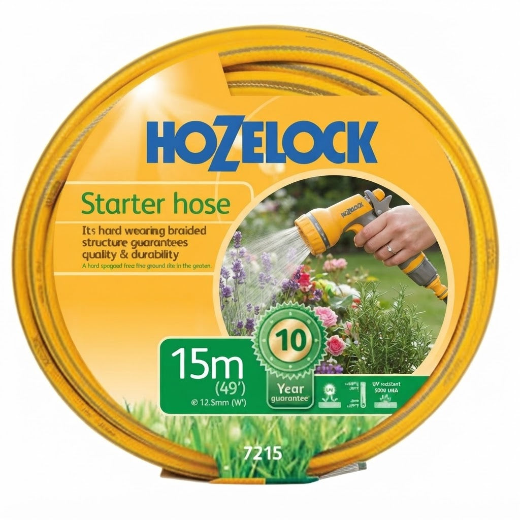 Hozelock Multi-Purpose Starter Hose Yellow 15Mtr 7215 | Supplied With Complete Fittings | 12.5mm Hose | Hard Wearing Braided Structure | Good Quality and Durability | Plant Watering Hose | Outdoor Water Hose