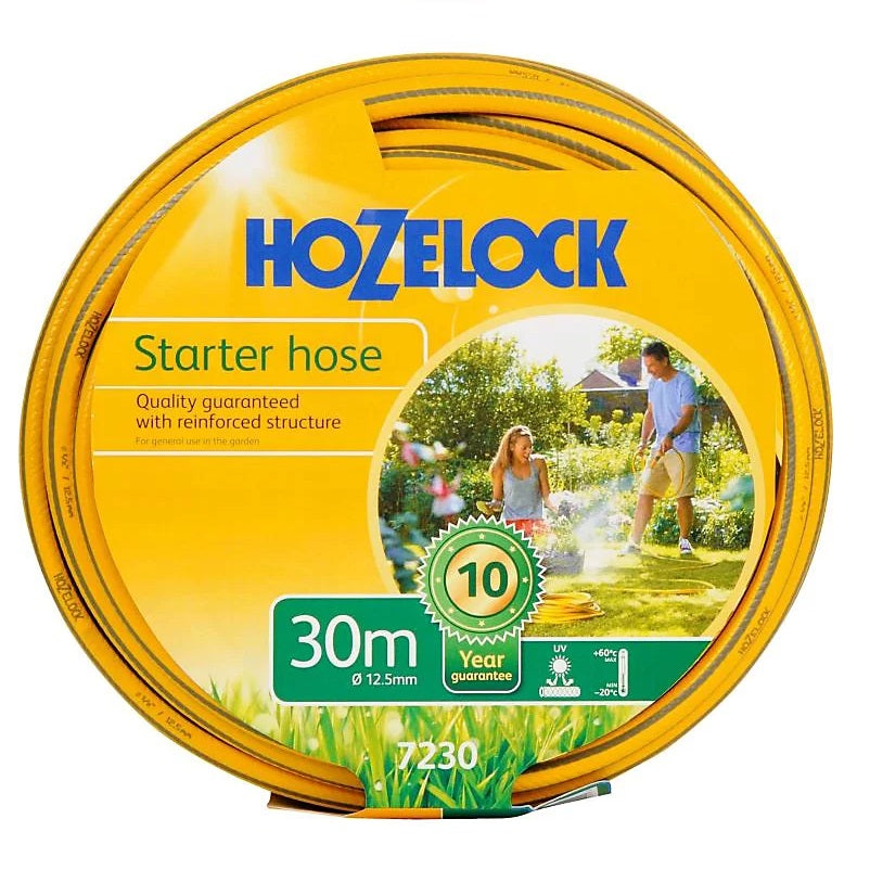 Hozelock Multi-Purpose Starter Hose Yellow and Grey 30Mtr 7230 | Supplied With Complete Fittings | 12.5mm Hose | Hard Wearing Braided Structure | Good Quality and Durability | Plant Watering Hose | Outdoor Water Hose