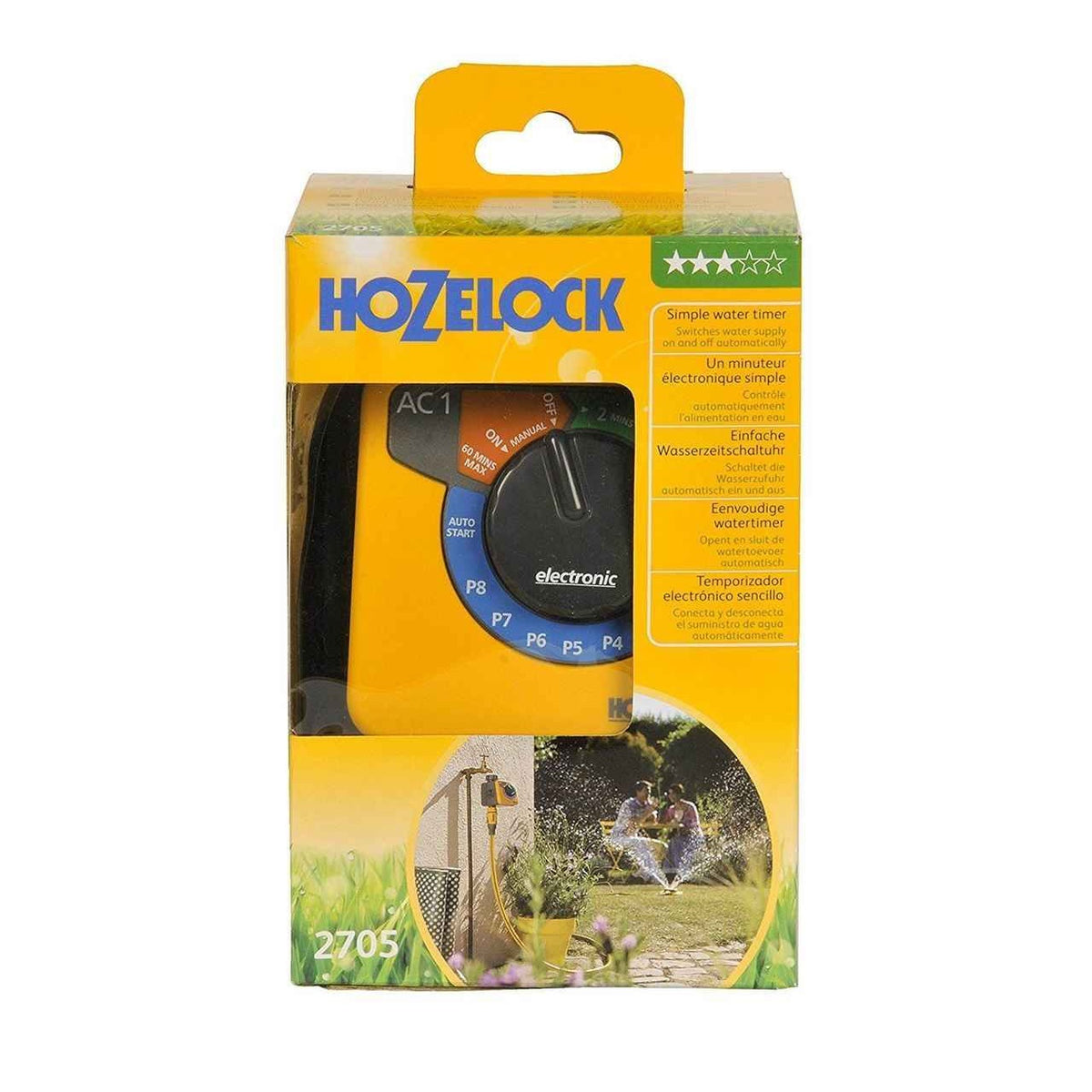 Hozelock AC1 Electronic Water Timer Yellow 2705 | Automatic Garden Irrigation Controller | Hose Pipe Water Timer | Battery Powered Watering Computer | Supplied with Complete Fittings