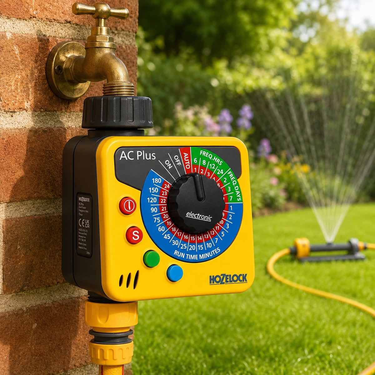 Hozelock AC Plus Water Timer Yellow 2700 | Electronic Garden Irrigation Controller | Programmable Automatic Tap Computer | Battery Operated Drip Watering System | BSP Tap Adapters and Connectors | Suitable for Water Butts | Supplied with Complete Fittings