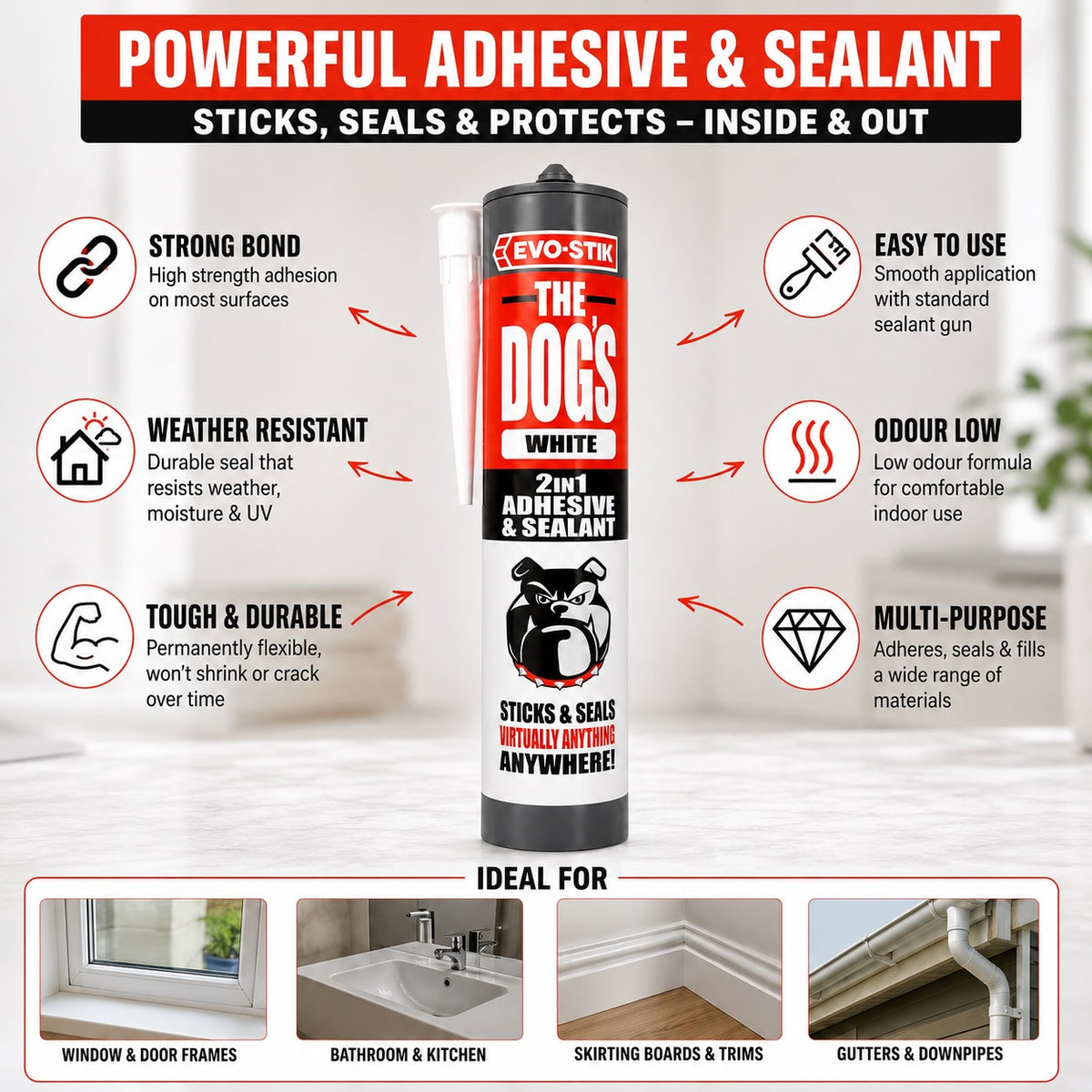 Evo Stik Multipurpose Adhesive Sealant The Dogs Bllcks White 290ml TDS01979