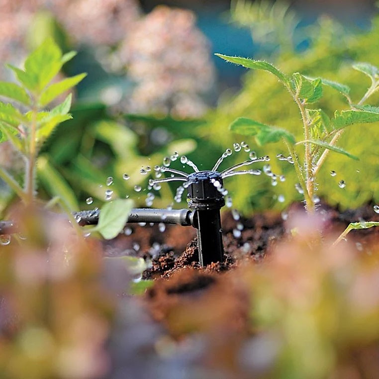Hozelock End of Line Adjustable Mini Sprinkler on Stake Black 4mm 27880012 | Supplied With Complete Fittings | Pack of 12 | 0-40Ltr Per Hour Max | Flower Bed Irrigation | Pot Plant Irrigation