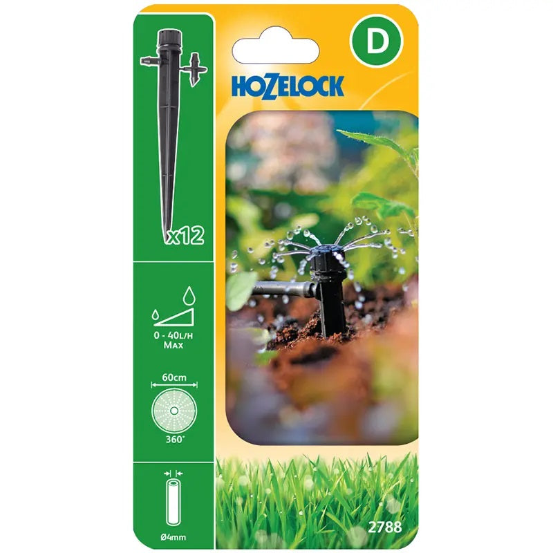 Hozelock End of Line Adjustable Mini Sprinkler on Stake Black 4mm 27880012 | Supplied With Complete Fittings | Pack of 12 | 0-40Ltr Per Hour Max | Flower Bed Irrigation | Pot Plant Irrigation