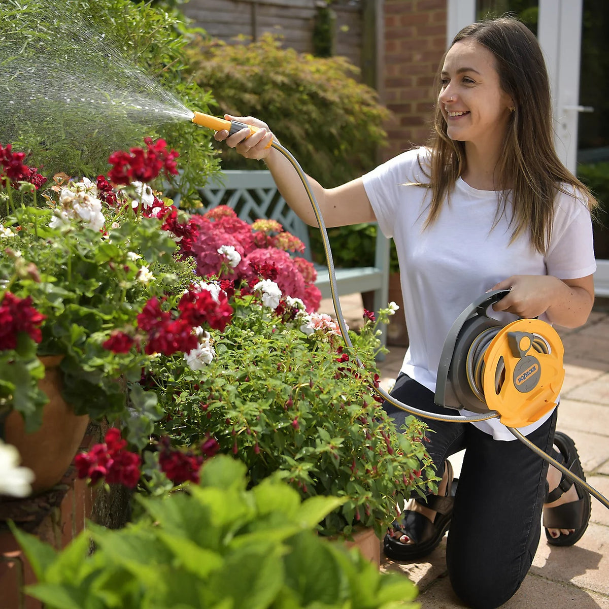 Hozelock Micro Hose Reel 10Mtr Yellow 24270000 | Supplied With Complete Fittings | Space Saving Hose Reel | Small Garden Hose Reel | Lightweight Hose Reel | Watering Hose Reel