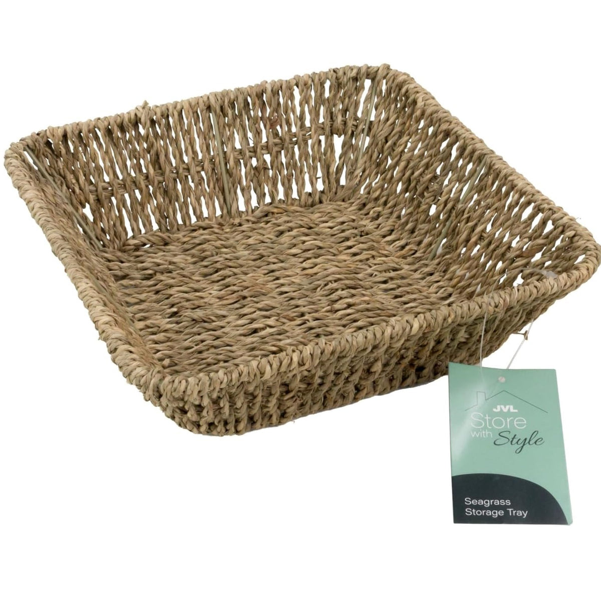 JVL Square Tapered Seagrass Storage Tray Brown H6.5cm x W23cm x D23cm Pack Of 1 15-419 | Woven Wicker Basket | Home Storage Accessories | Suitable for Shelf Desk Countertop Organisation