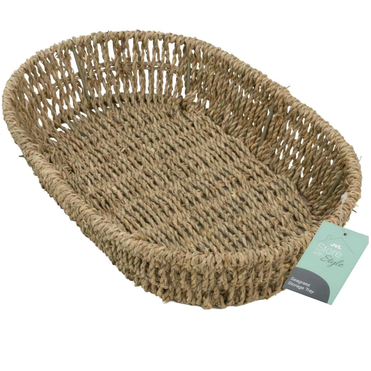 JVL Oval Seagrass Storage Tray Brown H7 x W33.5 x D21cm 15-420 | Woven Wicker Basket | Home Storage Accessories | Suitable for Shelf Desk Countertop Organisation
