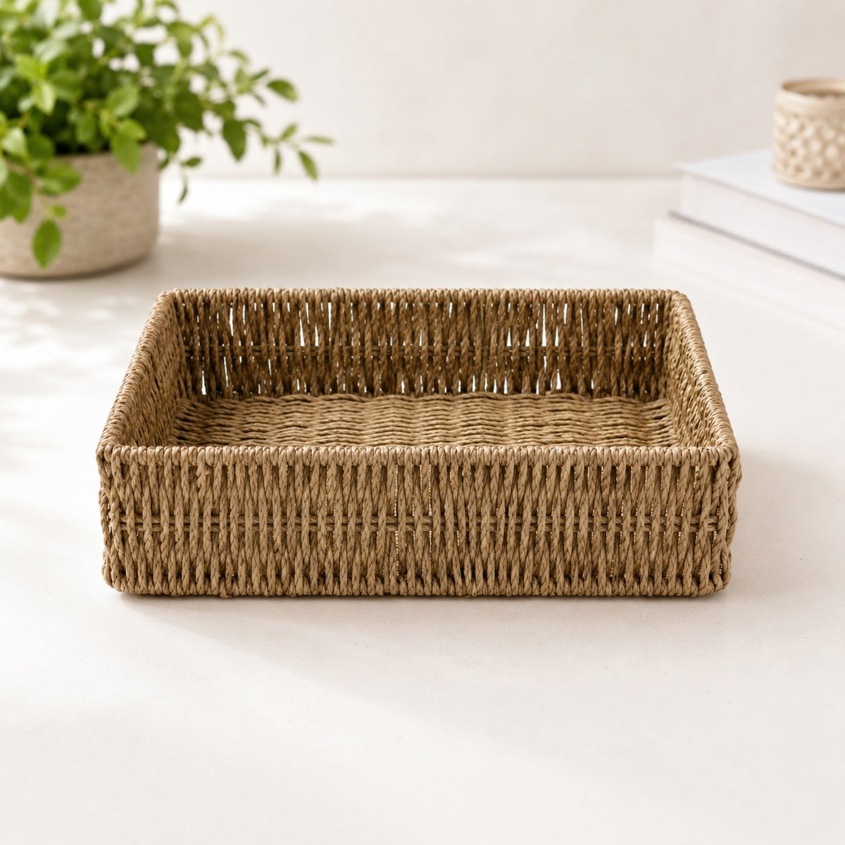 JVL Rectangular Seagrass Storage Basket Brown H7cm x W26cm x D17cm 15-422 | Woven Wicker Basket | Home Storage Accessories | Suitable for Shelf Desk Countertop Organisation