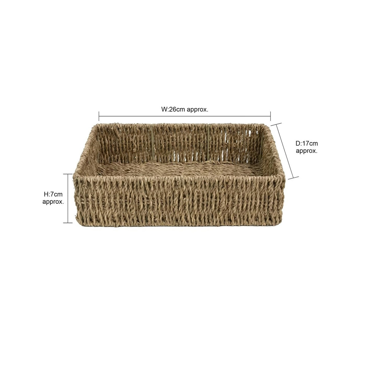 JVL Rectangular Seagrass Storage Basket Brown H7cm x W26cm x D17cm 15-422 | Woven Wicker Basket | Home Storage Accessories | Suitable for Shelf Desk Countertop Organisation