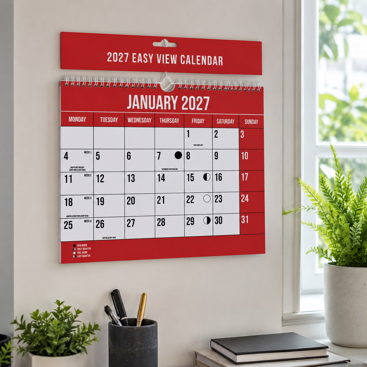 Design Group 2027 Commercial Easy View Calendar Red and White 272mm x 220mm YCORCAA5A018 | Month Per Page | Complete 12 Month Calendar On Reverse | Full Lunar Calendar | Home and Office Calendar | Date Organiser