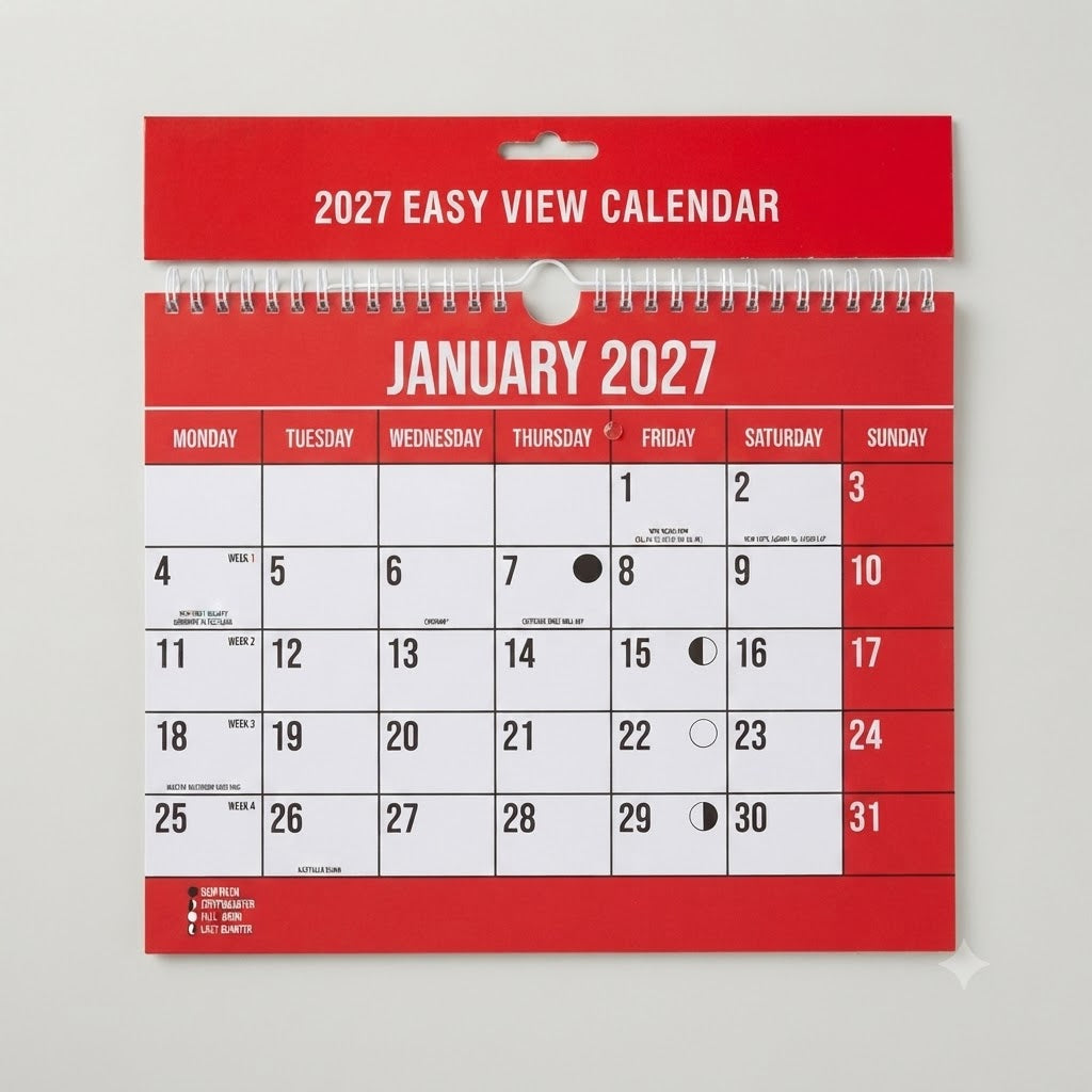 Design Group 2027 Commercial Easy View Calendar Red and White 272mm x 220mm YCORCAA5A018 | Month Per Page | Complete 12 Month Calendar On Reverse | Full Lunar Calendar | Home and Office Calendar | Date Organiser