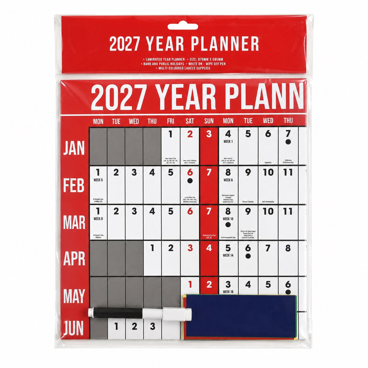 Design Group 2027 Year Planner Calendar Multicolour 876mm x 585mm YCORCAA5A019 | Laminated Year Planner | Bank and Public Holidays | Write On - Wipe Off Pen | Multi-Coloured Labels Supplied | Annual Calendar | Project Planning