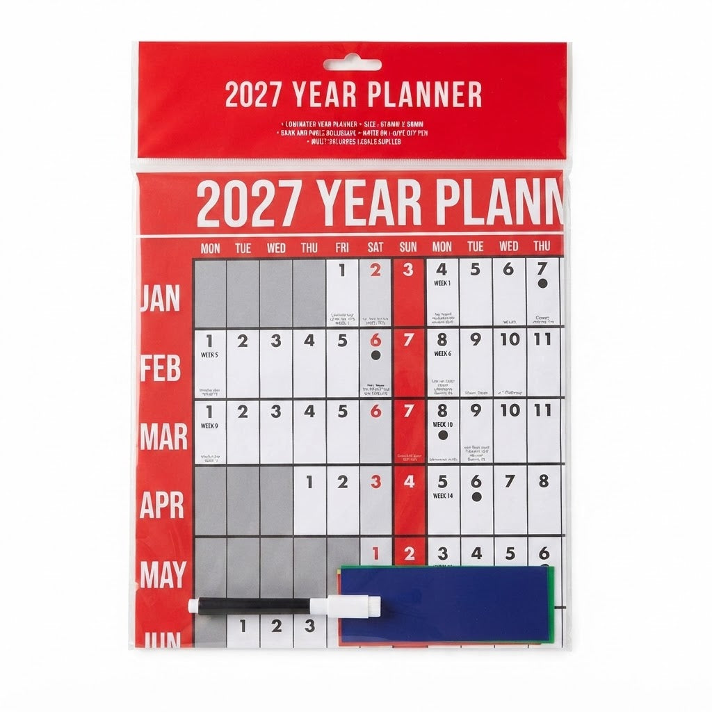 Design Group 2027 Year Planner Calendar Multicolour 876mm x 585mm YCORCAA5A019 | Laminated Year Planner | Bank and Public Holidays | Write On - Wipe Off Pen | Multi-Coloured Labels Supplied | Annual Calendar | Project Planning