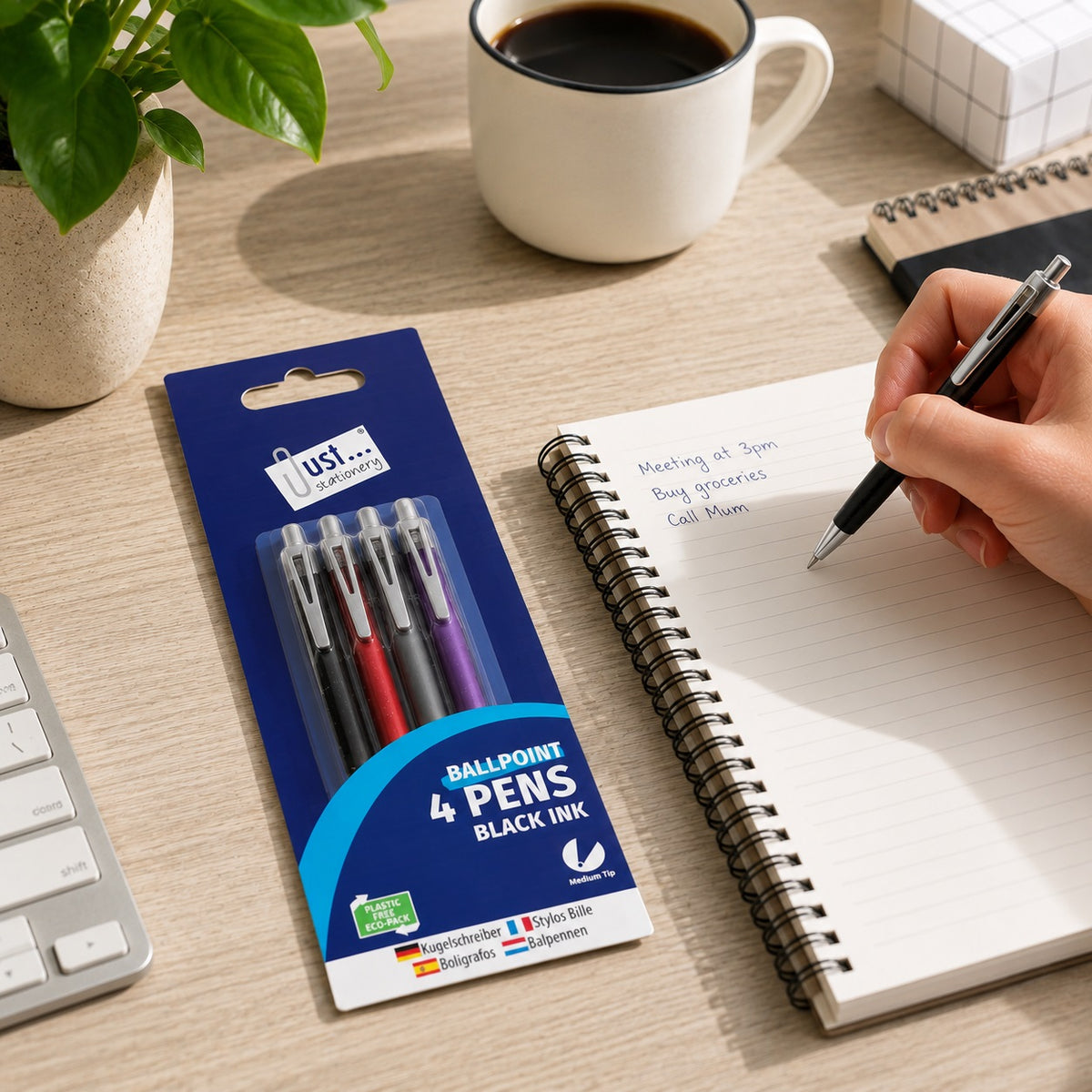 Just Stationery Rubber-Grip Ballpoint Pens Black Pack of 4 1020 | Smooth Writing | Rubber Grip Barrel