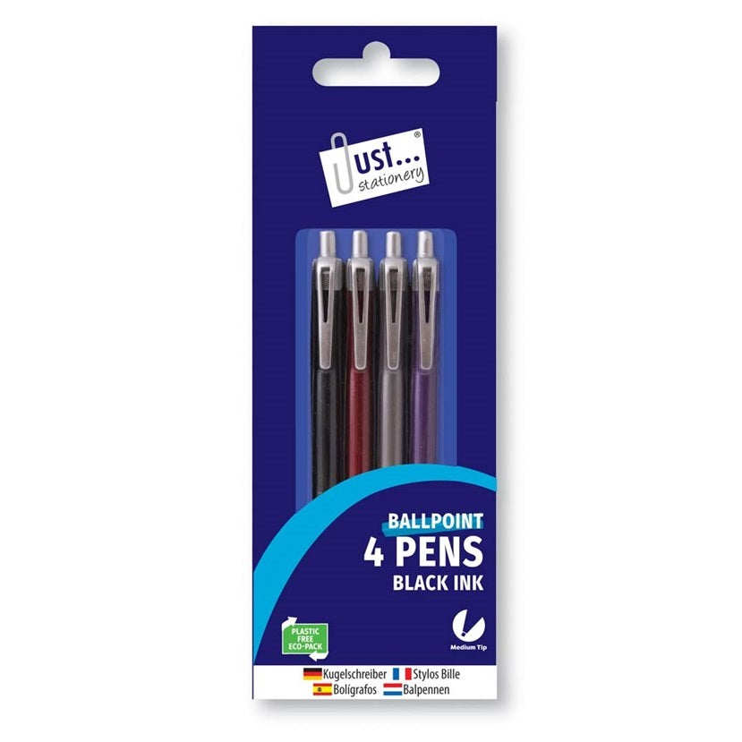 Just Stationery Rubber-Grip Ballpoint Pens Black Pack of 4 1020 | Smooth Writing | Rubber Grip Barrel