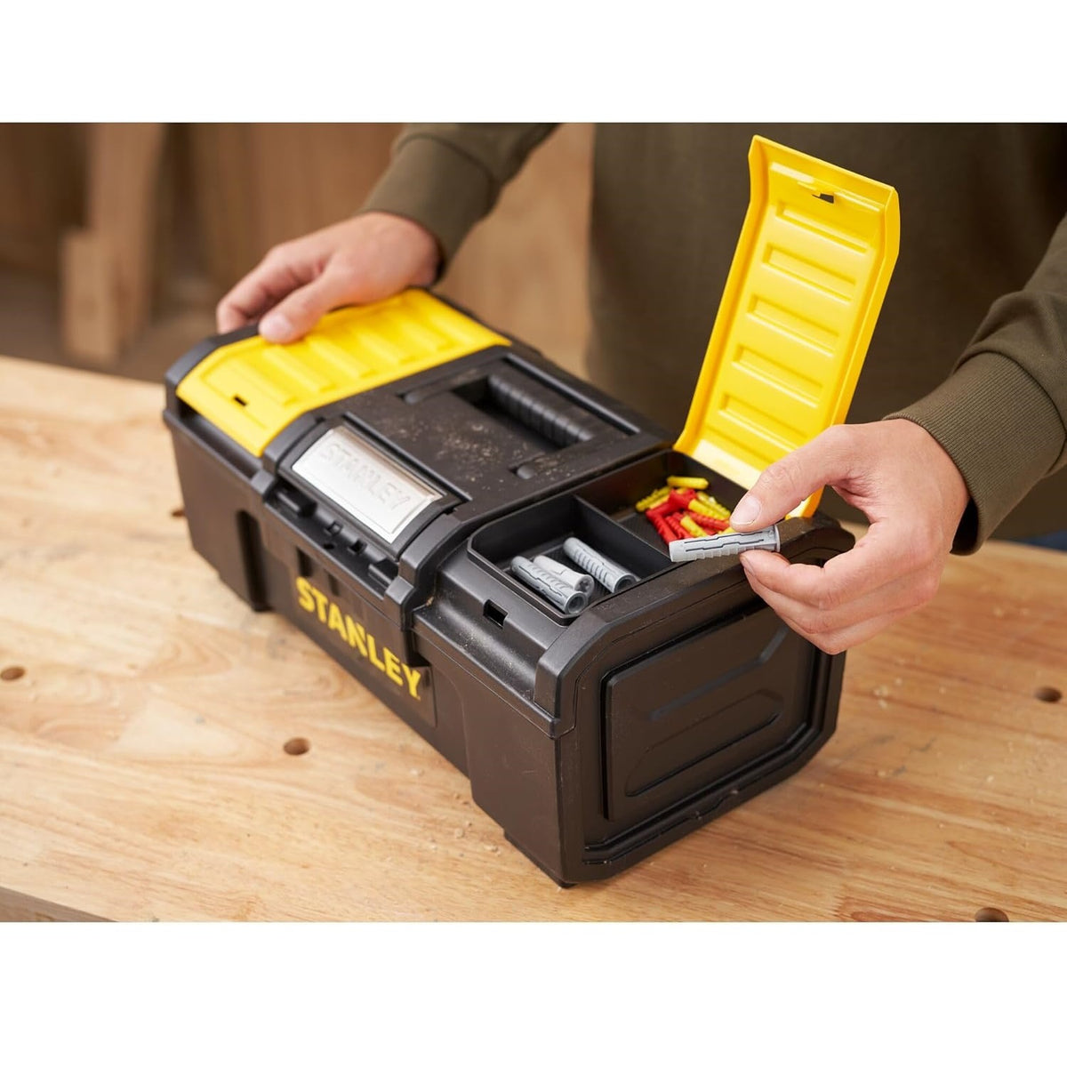 Stanley One-Touch Tool Box Black Yellow 39.4cm x 22cm x 16.2cm Pack Of 1 1-79-216 | Removable Tote Tray Lid Organisers | Heavy Duty Portable Storage Chest | Suitable for Tools Hardware Accessories Organisation
