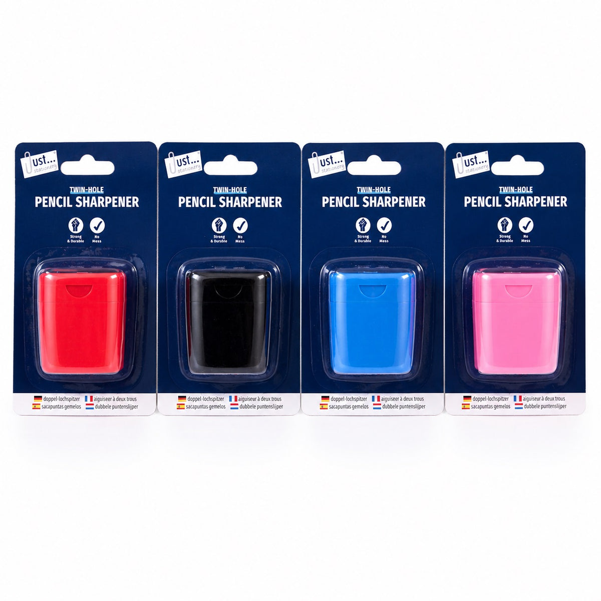 Just Stationery Twin Hole Pencil Sharpener Assorted Colours 1046 | Strong and Durable | No Mess | High Grade Steel