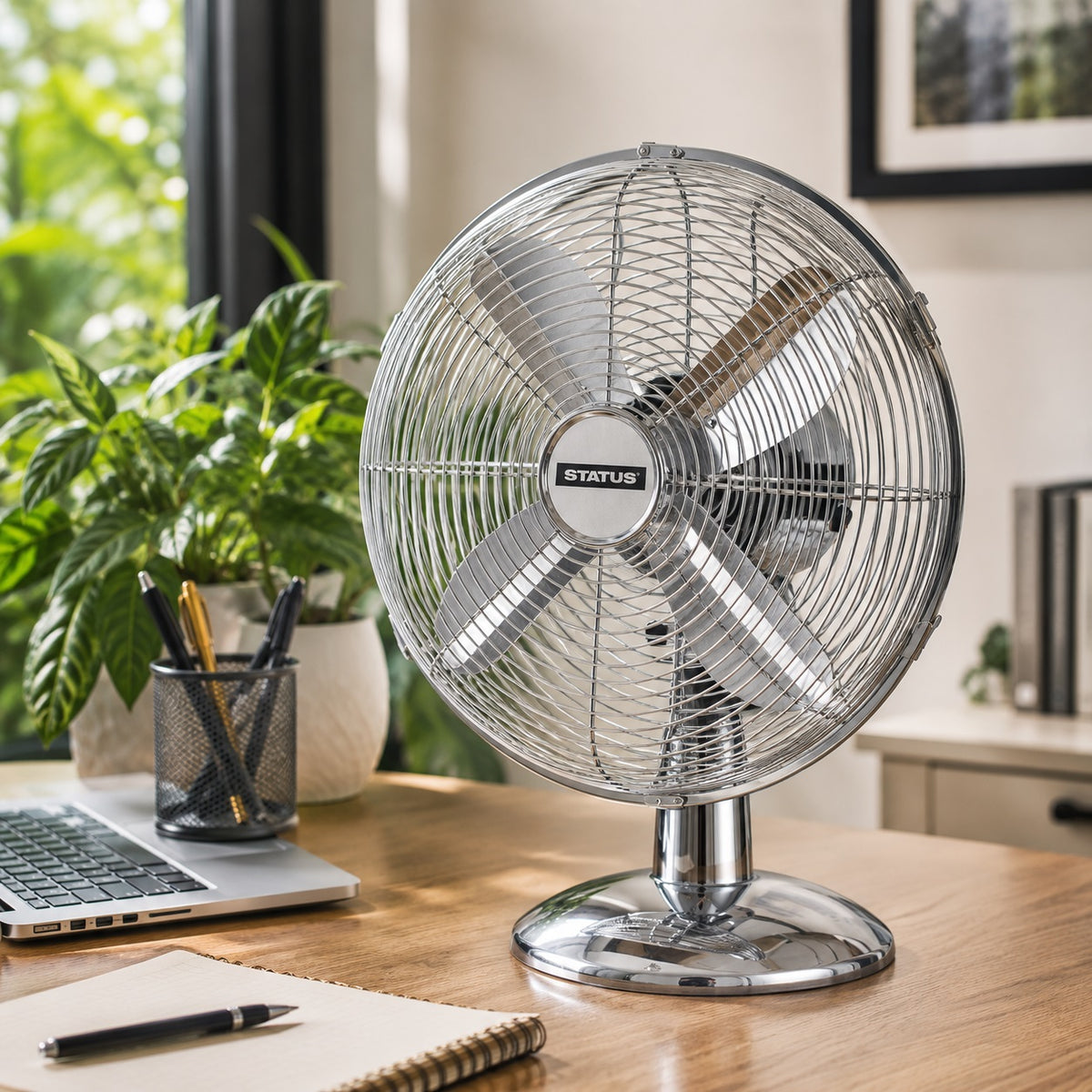 Status Oscillating Desk Fan Chrome 12-Inch S12CDESKFAN1PKB | 3 Speed Settings | Oscillation Setting | Adjustable Angle | Carry Handle | Portable | Electric Fan