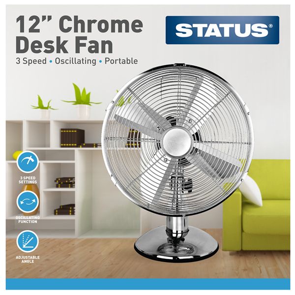 Status Oscillating Desk Fan Chrome 12-Inch S12CDESKFAN1PKB | 3 Speed Settings | Oscillation Setting | Adjustable Angle | Carry Handle | Portable | Electric Fan