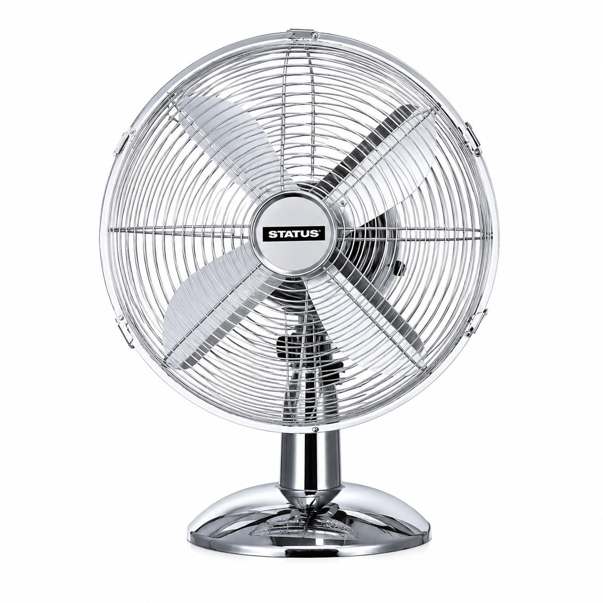 Status Oscillating Desk Fan Chrome 12-Inch S12CDESKFAN1PKB | 3 Speed Settings | Oscillation Setting | Adjustable Angle | Carry Handle | Portable | Electric Fan
