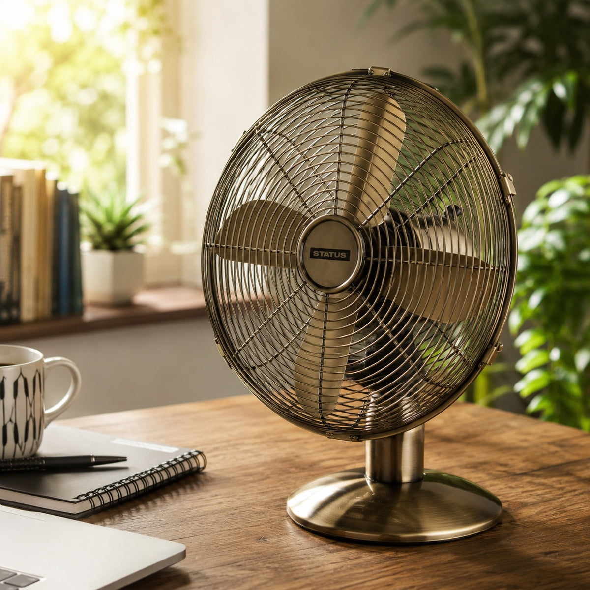 Status Oscillating Desk Fan Antique Brass 12-Inch S12ADESKFAN1PKB | Power 35W | 3 Speed Settings | Oscillation Setting | Adjustable Angle | Carry Handle | Portable | Electric Fan