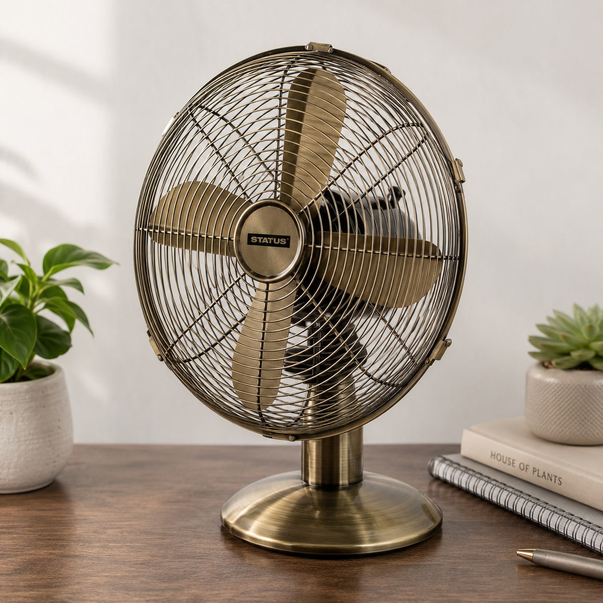 Status Oscillating Desk Fan Antique Brass 12-Inch S12ADESKFAN1PKB | Power 35W | 3 Speed Settings | Oscillation Setting | Adjustable Angle | Carry Handle | Portable | Electric Fan