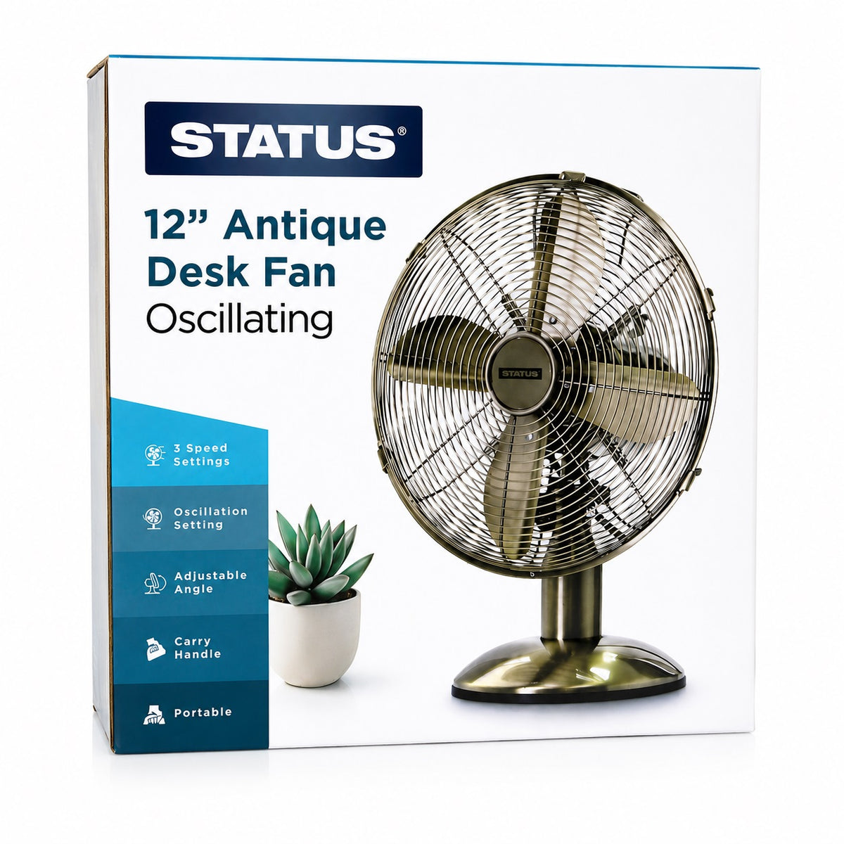 Status Oscillating Desk Fan Antique Brass 12-Inch S12ADESKFAN1PKB | Power 35W | 3 Speed Settings | Oscillation Setting | Adjustable Angle | Carry Handle | Portable | Electric Fan