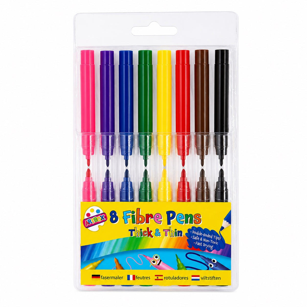 Artbox Thick and Thin Fibre Pens Assorted Colours Pack of 8 1097 | Double Ended Tips | Safe and Non Toxic | Fast Drying