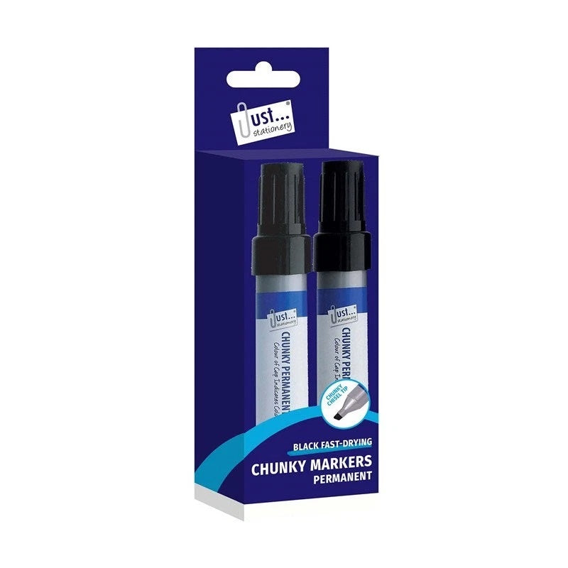 Just Stationery Chunky Permanent Markers Black Pack of 2 1151 | Fast Drying | Chunky Chisel Tip | Thick Tip Marker Pens | Multi Surface Markers