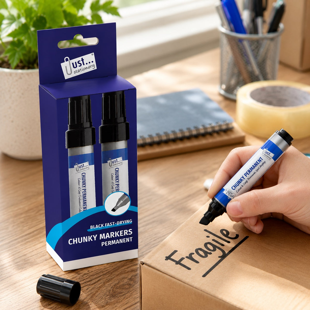 Just Stationery Chunky Permanent Markers Black Pack of 2 1151 | Fast Drying | Chunky Chisel Tip | Thick Tip Marker Pens | Multi Surface Markers