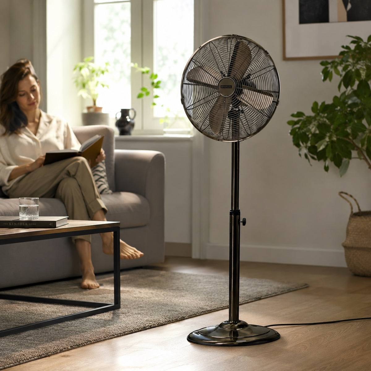 Status Oscillating Stand Fan Antique Brass 16-Inch S16ASTANDFAN1 | 3 Speed Settings | Oscillation Setting | Adjustable Height | Adjustable Angle | Carry Handle | Portable | Electric Fan