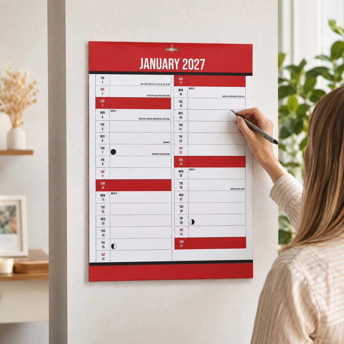 Design Group 2027 Large Month To View Calendar Red and White 464mm x 340mm YCORCAA5A015 | Month Per Page | Complete 12 Month Calendar On Reverse | Full Lunar Calendar | Date Planner | Monthly Organiser